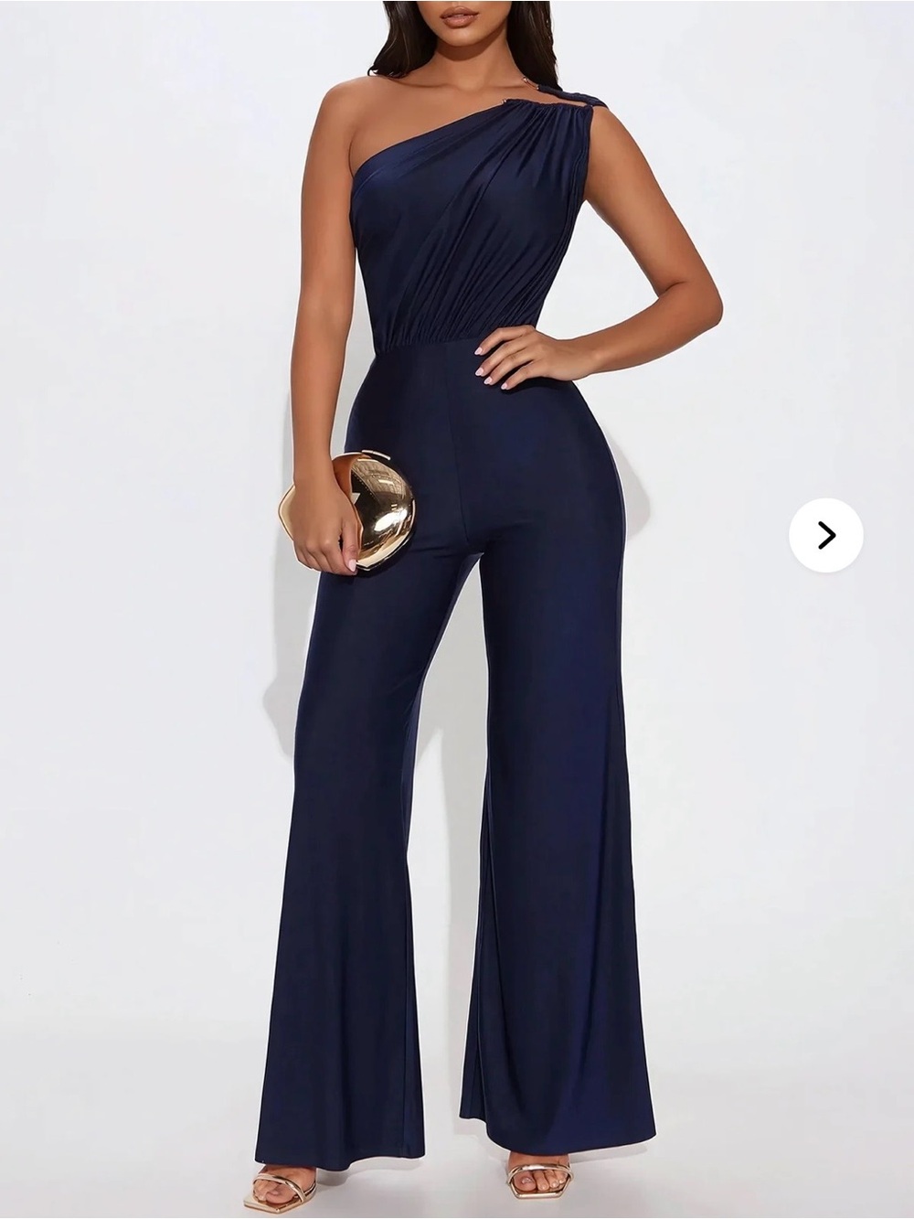 One-Shoulder Navy Jumpsuit - Elegant Women’s Wide-Leg